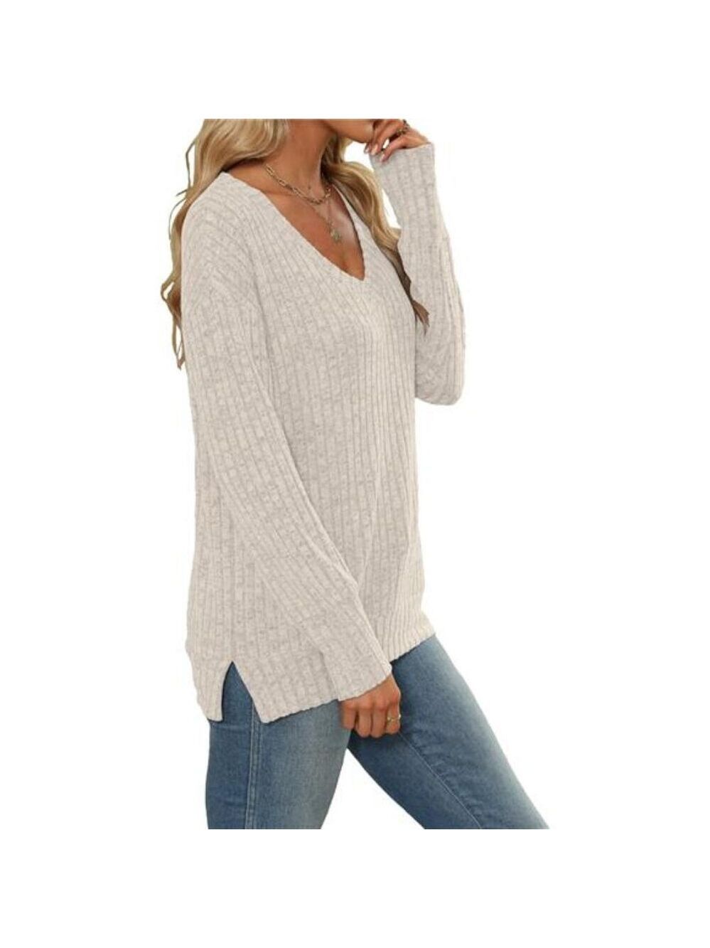 Womens V Neck Sweatshirt Long Sleeve Casual Loose Tunic Top Fall Winter Shirt - Picture 3 of 5